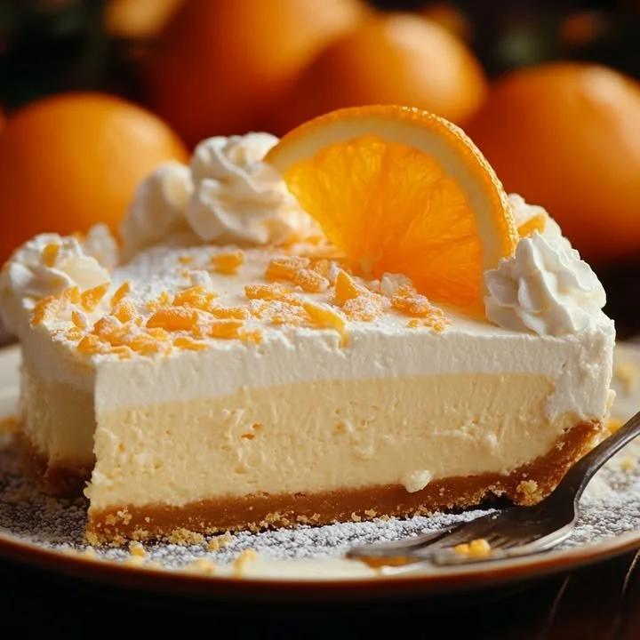 Delicious orange creamsicle cheesecake with a creamy texture and bright orange flavor.