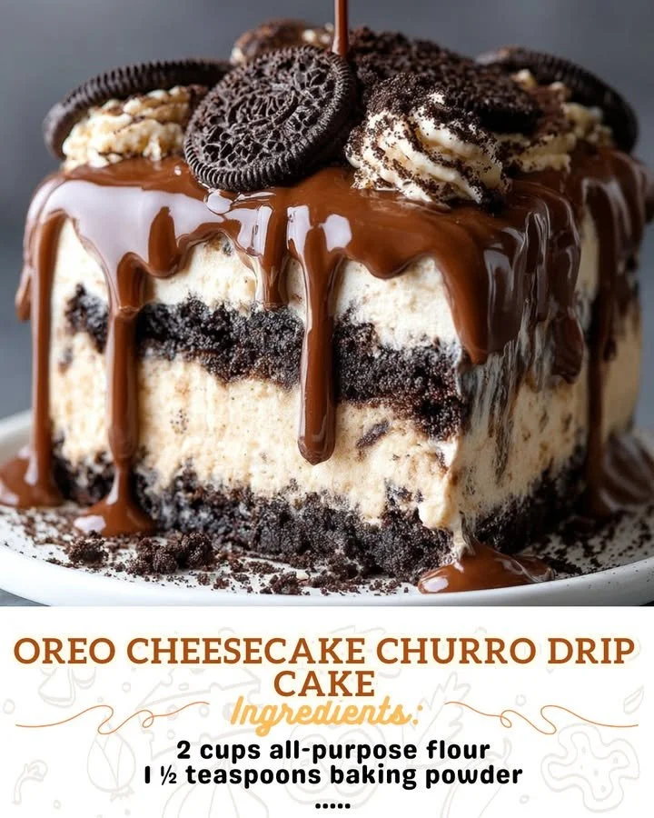 Oreo Cheesecake Churro Drip Cake topped with chocolate and Oreo crumbles
