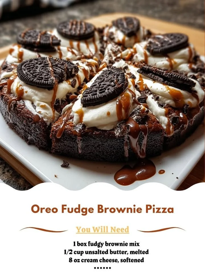 Delicious Oreo Fudge Brownie Pizza topped with cookies and fudge