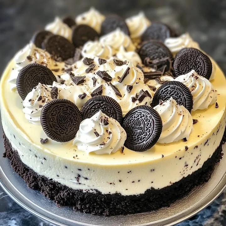 Oreo White Chocolate Cheesecake topped with crushed Oreos and white chocolate drizzle
