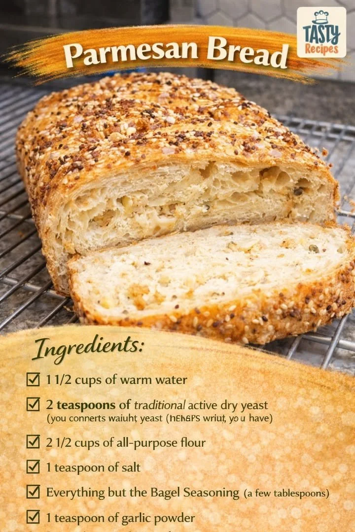 Freshly baked Parmesan bread with a golden crust and cheesy aroma.