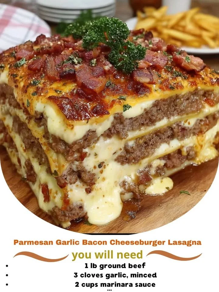 Parmesan garlic bacon cheeseburger lasagna served on a plate.