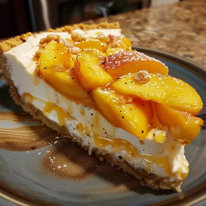 Delicious slice of Peach Cobbler Cheesecake with peach topping and crust