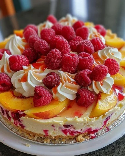 Peach Raspberry Delight Cheesecake Pie garnished with fresh raspberries and peaches