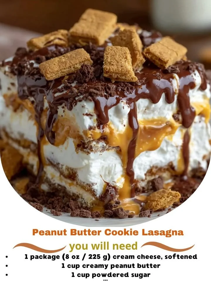 Delicious Peanut Butter Cookie Lasagna dessert layered with peanut butter and cookies