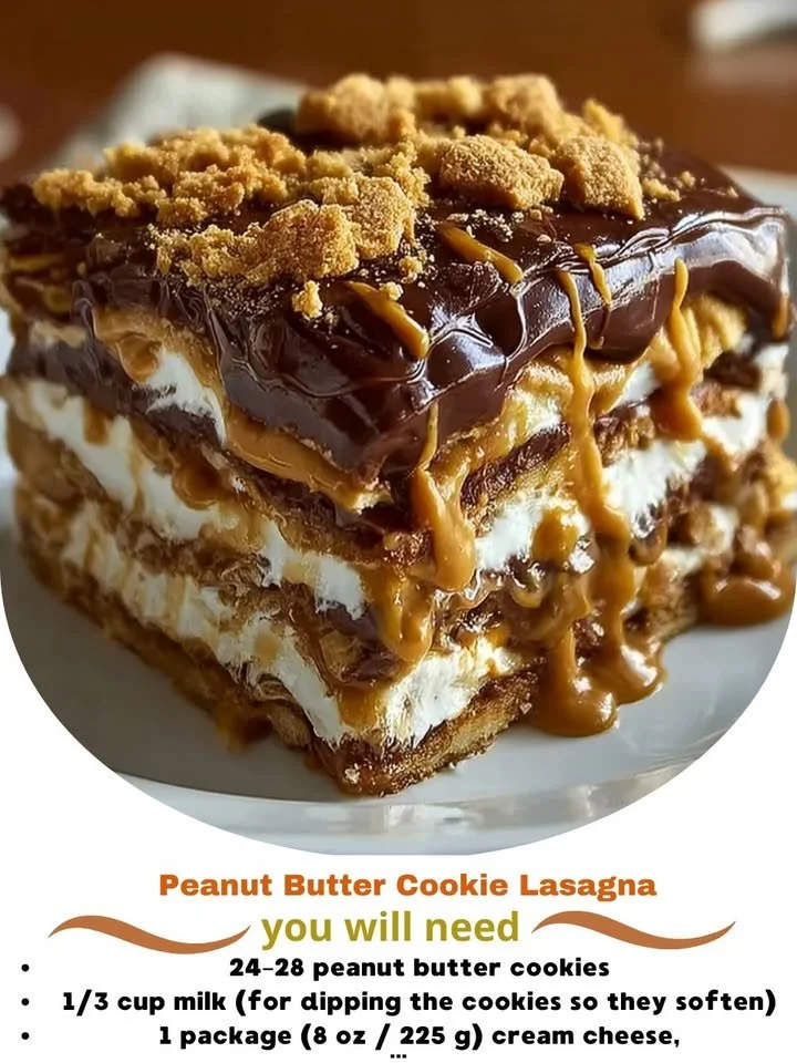 Delicious Peanut Butter Cookie Lasagna dessert with creamy layers and toppings.