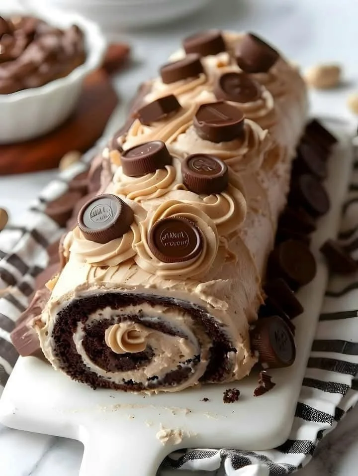 Delicious Peanut Butter Cup Cake Roll topped with chocolate and peanut butter frosting