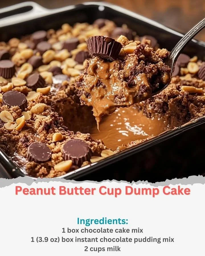 Delicious Peanut Butter Cup Dump Cake with chocolate and peanut butter layers