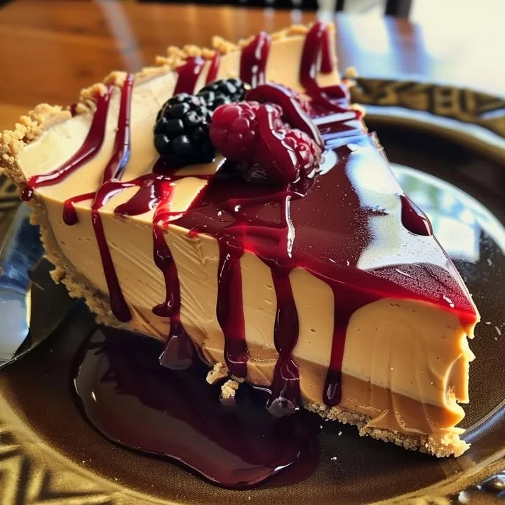 Slice of Peanut Butter Cheesecake with a jelly swirl topping
