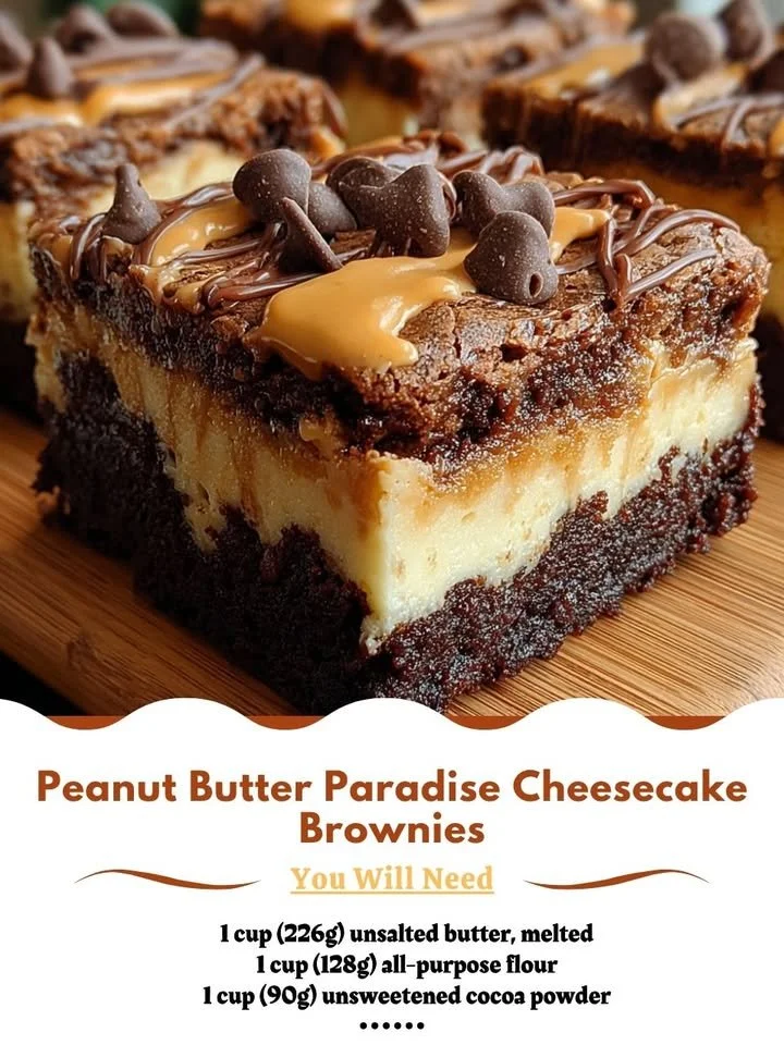 Peanut Butter Paradise Cheesecake Brownies on a white plate with a fork.