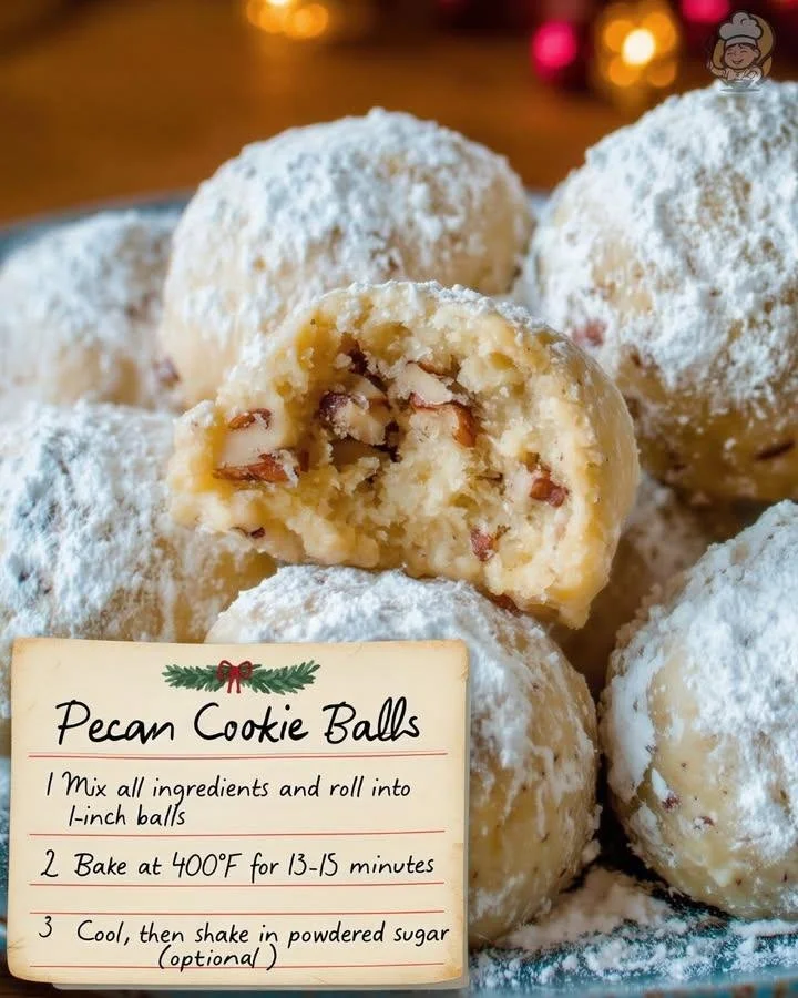 Delicious homemade Pecan Cookie Balls on a wooden table