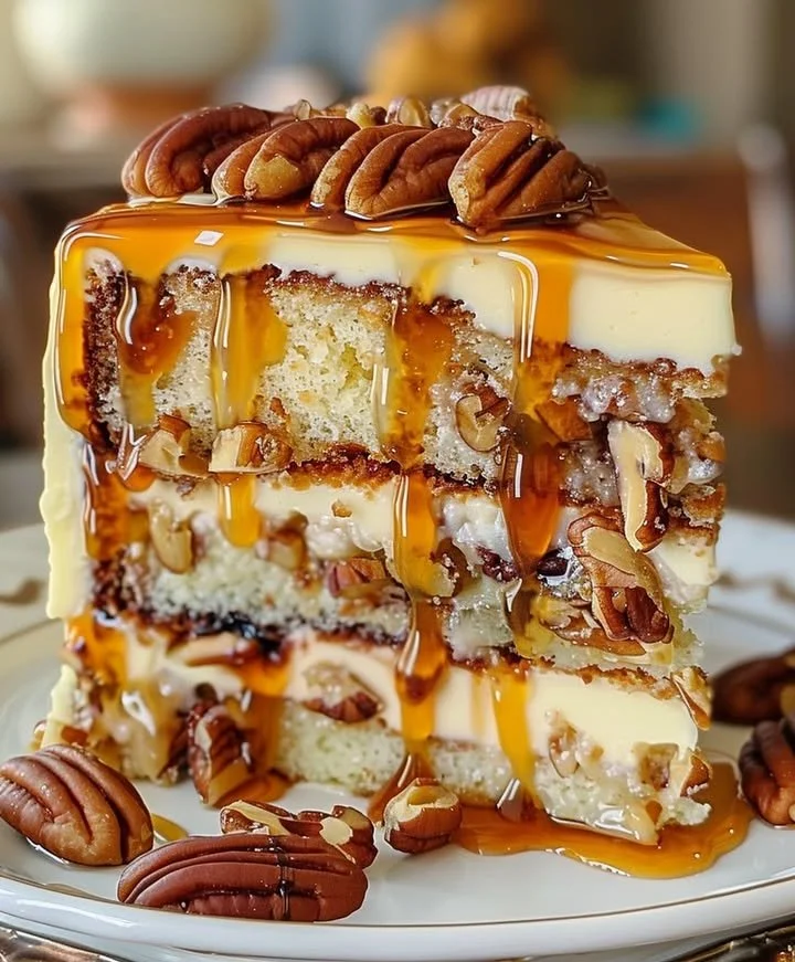 Pecan Pie Layer Cake with pecan topping and caramel drizzle on a rustic wooden table.
