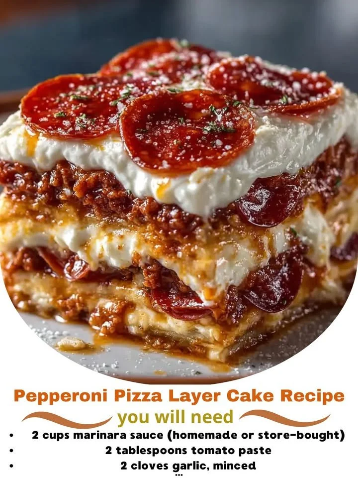 Delicious Pepperoni Pizza Layer Cake topped with cheese and pepperoni slices