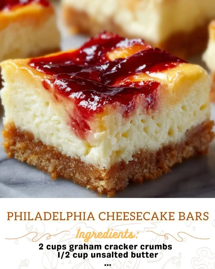 Deliciously creamy Philadelphia cheesecake bars served on a plate
