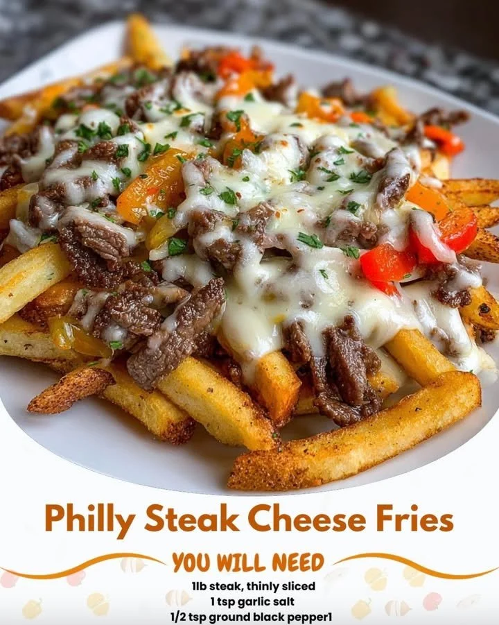 Delicious Philly Steak Cheese Fries topped with savory steak and melted cheese.
