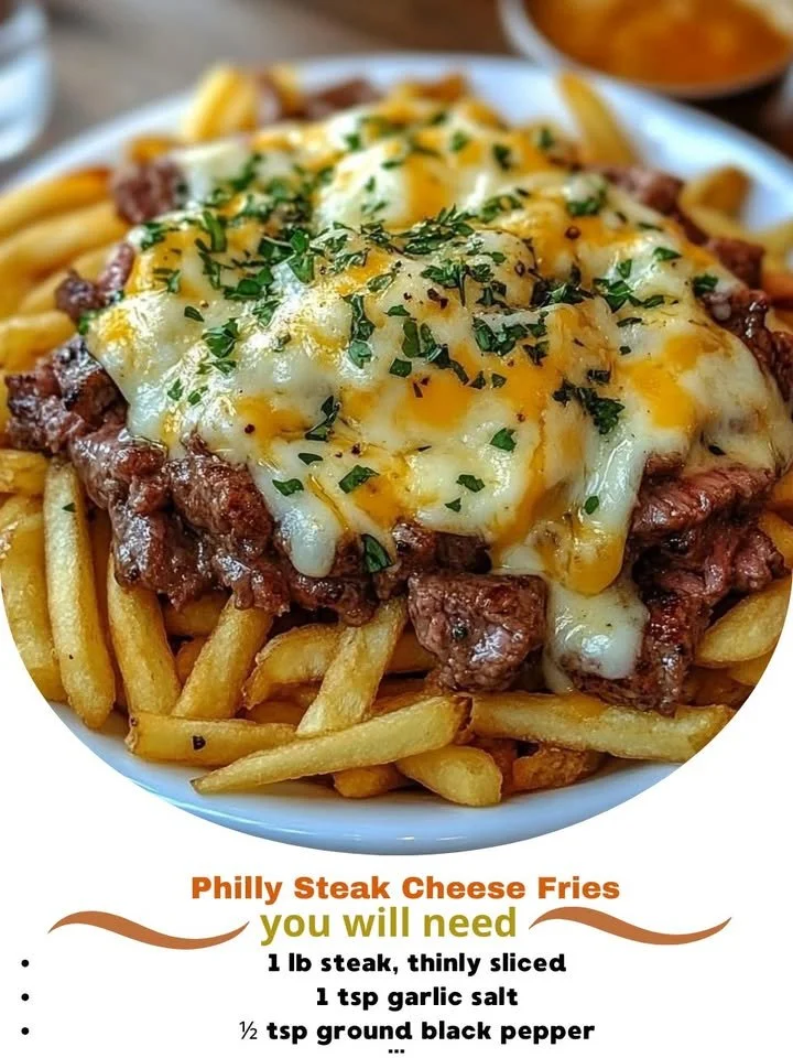 Delicious Philly Steak Cheese Fries topped with melted cheese and grilled steak.