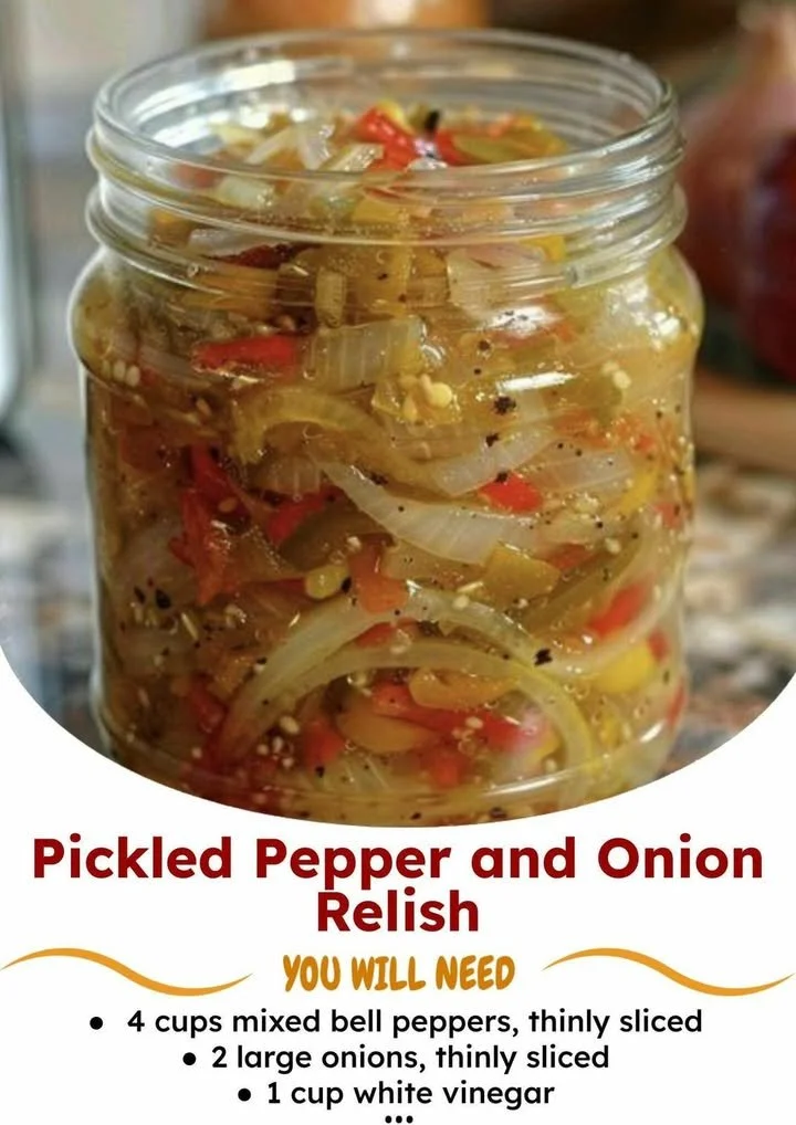 Homemade pickled pepper and onion relish in a jar.