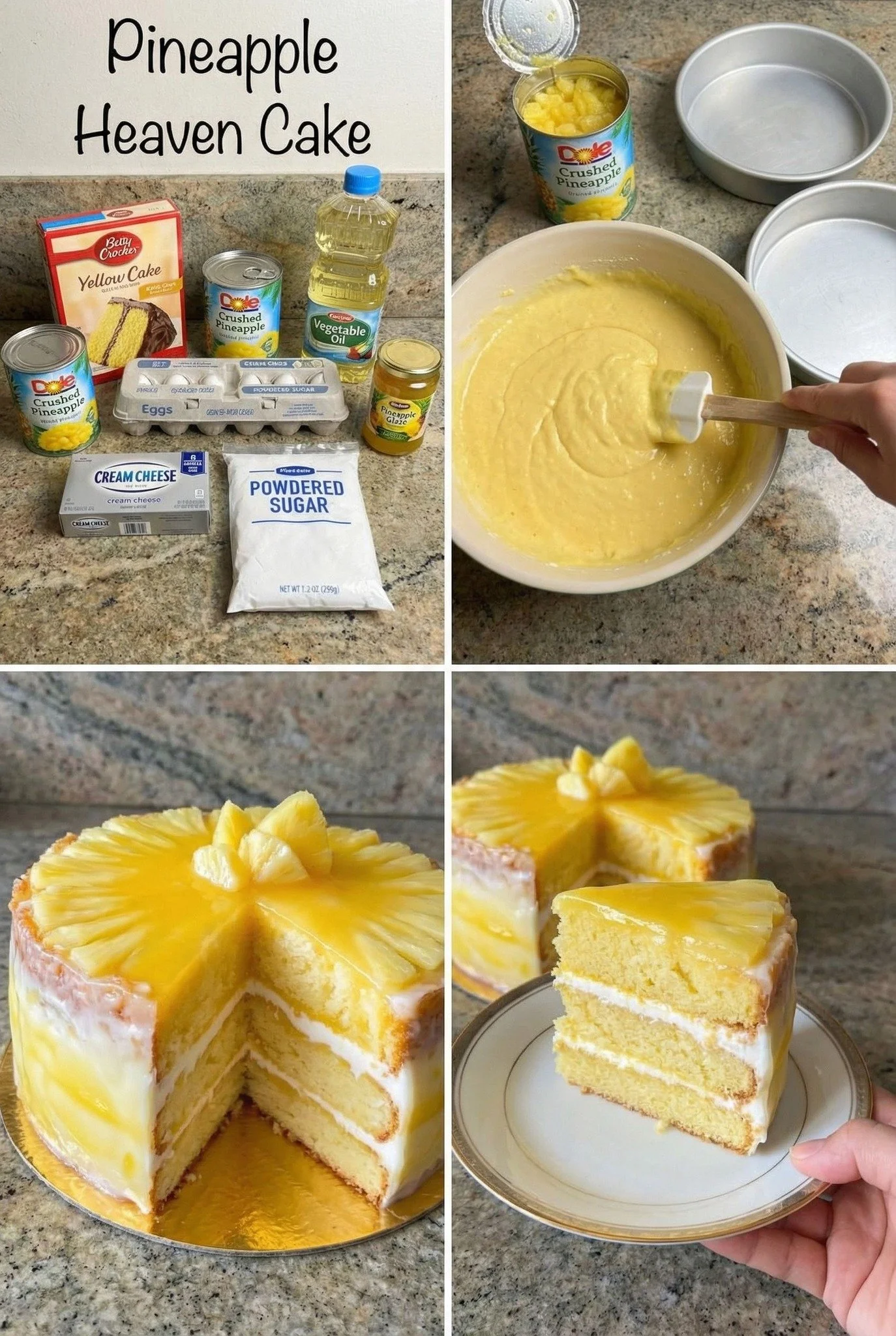 Delicious Pineapple Heaven Cake topped with fresh pineapple and cream
