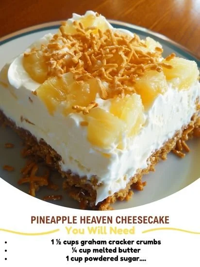 Delicious Pineapple Heaven Cheesecake topped with fresh pineapple slices