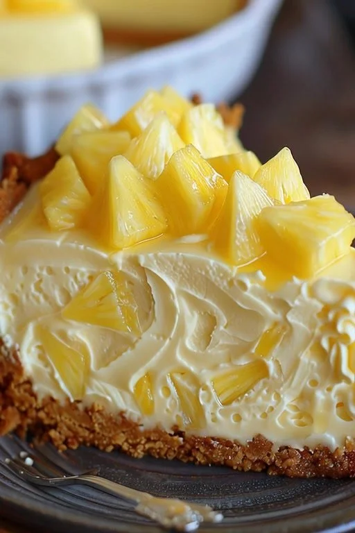 Delicious Pineapple Heaven Cheesecake topped with fresh pineapple slices