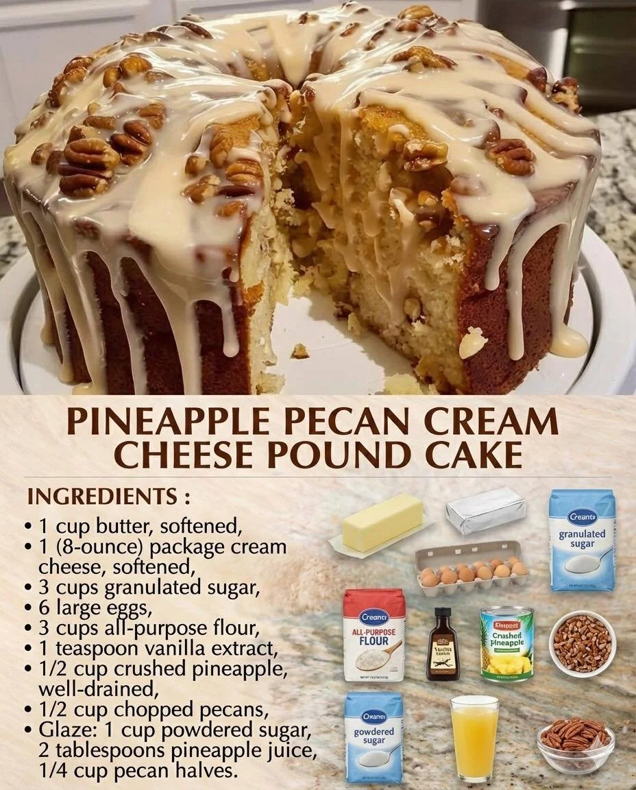 Delicious Pineapple Pecan Cream Cheese Pound Cake slice with pineapple and pecans