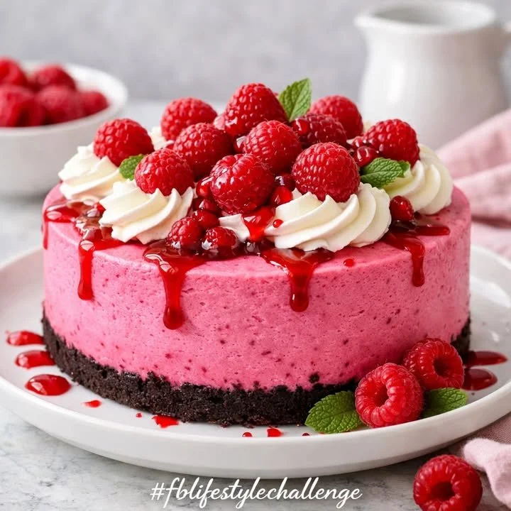 Pink Velvet Raspberry Cheesecake topped with fresh raspberries and whipped cream.