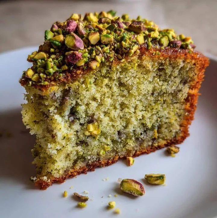 Deliciously moist Pistachio Olive Oil Cake topped with crushed pistachios