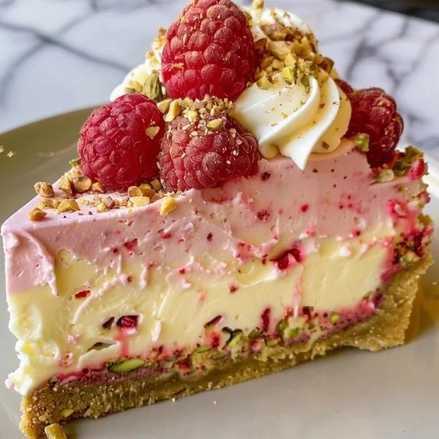 Slice of pistachio raspberry cheesecake with vibrant raspberry topping