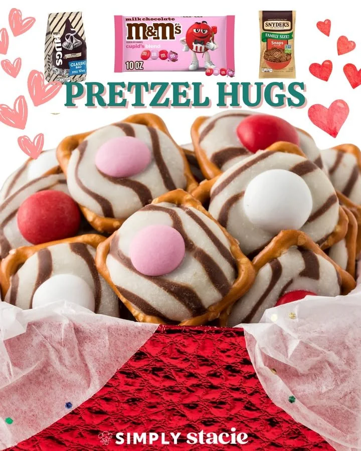 Delicious Pretzel Hugs with chocolate and candies on a platter