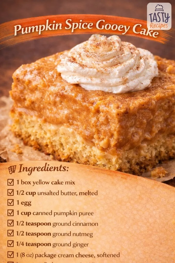 Delicious Pumpkin Spice Gooey Cake topped with cream and spices