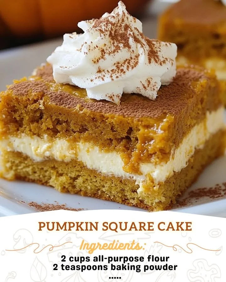 A delicious pumpkin square cake topped with cream cheese frosting.