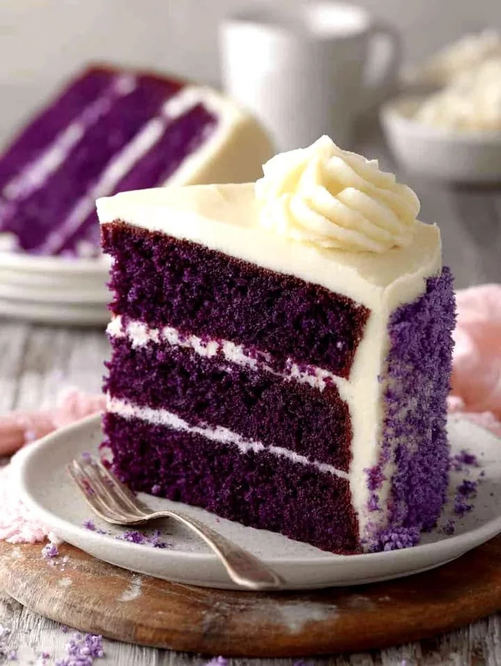 Delicious purple velvet cake with cream cheese frosting and edible flowers.