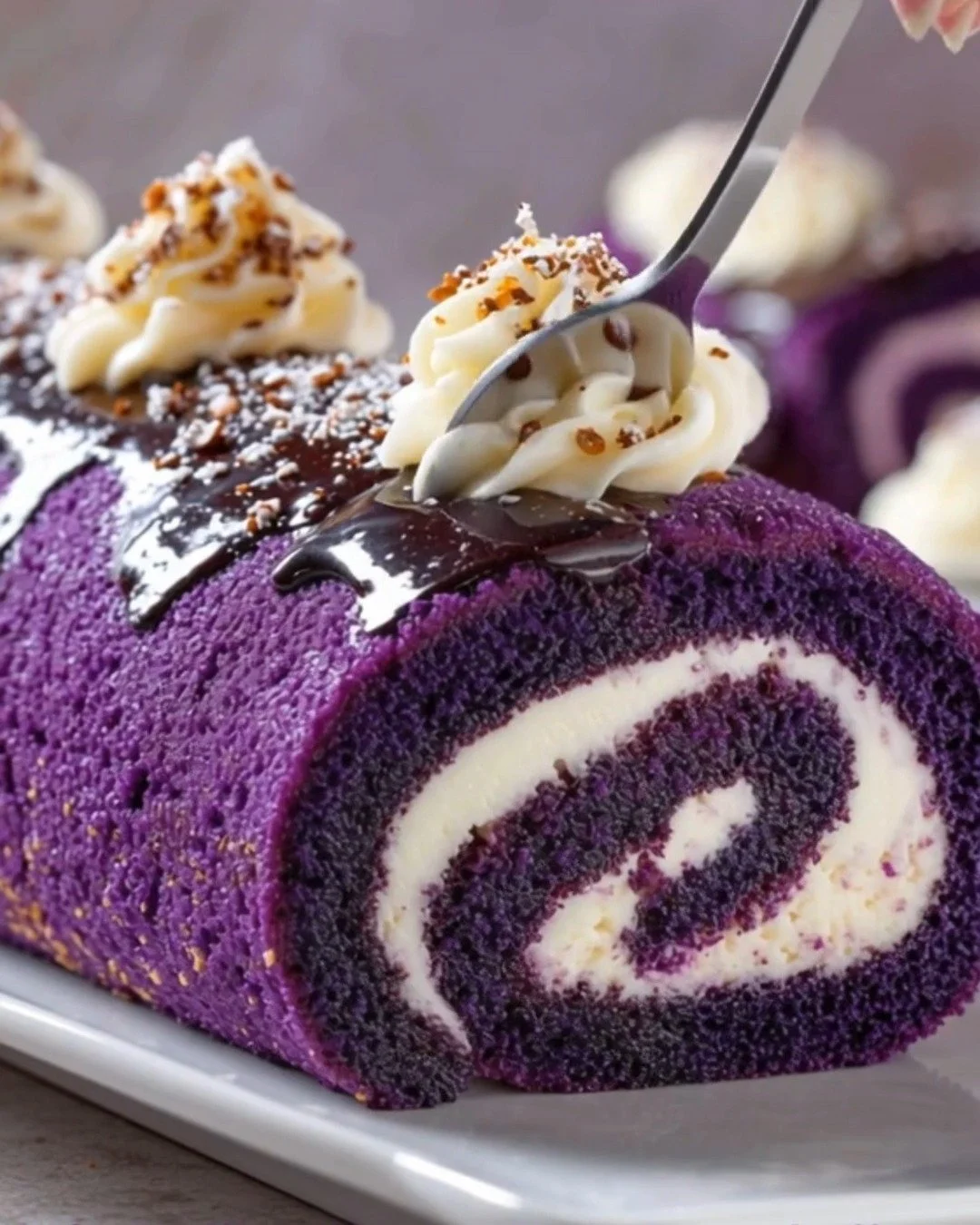 Purple Velvet Cake Roll with Cream Cheese Filling, a delicious dessert