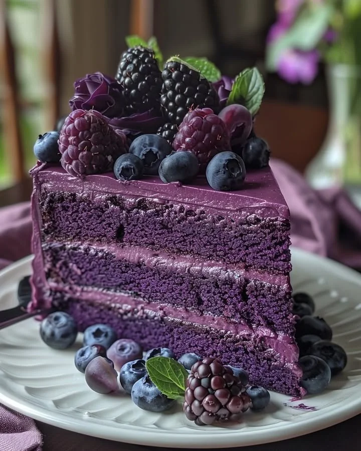 Slice of purple velvet cake topped with cream cheese frosting