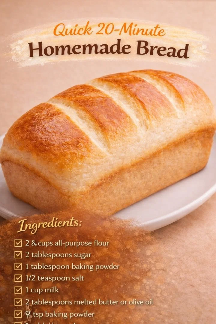 Loaf of quick 20-minute homemade bread on a wooden cutting board