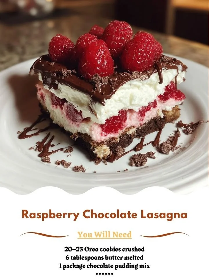 Delicious Raspberry Chocolate Lasagna layered with chocolate and raspberry cream