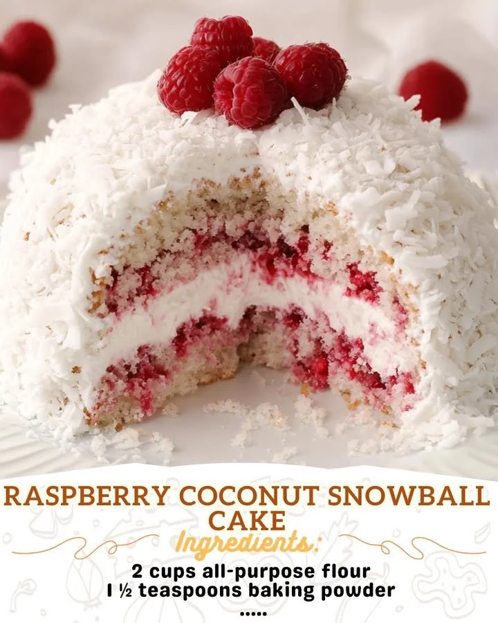 Delicious Raspberry Coconut Snowball Cake topped with coconut flakes and raspberries