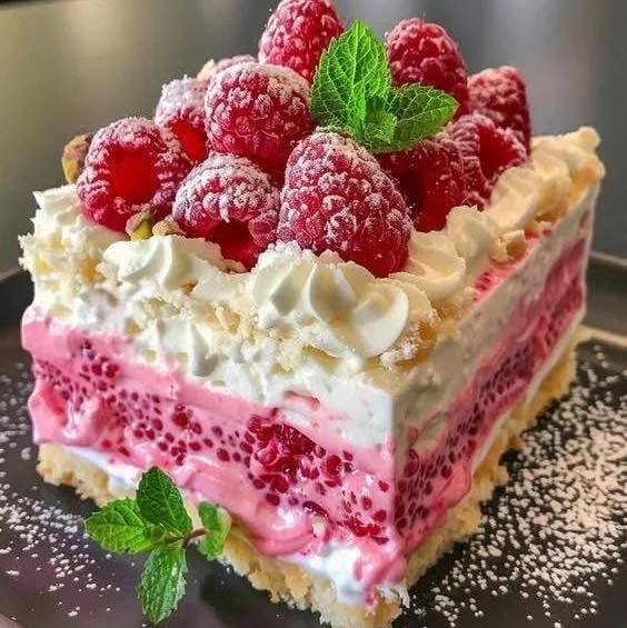 No-Bake Raspberry Cream Layer Cake with layers of cream and fresh raspberries