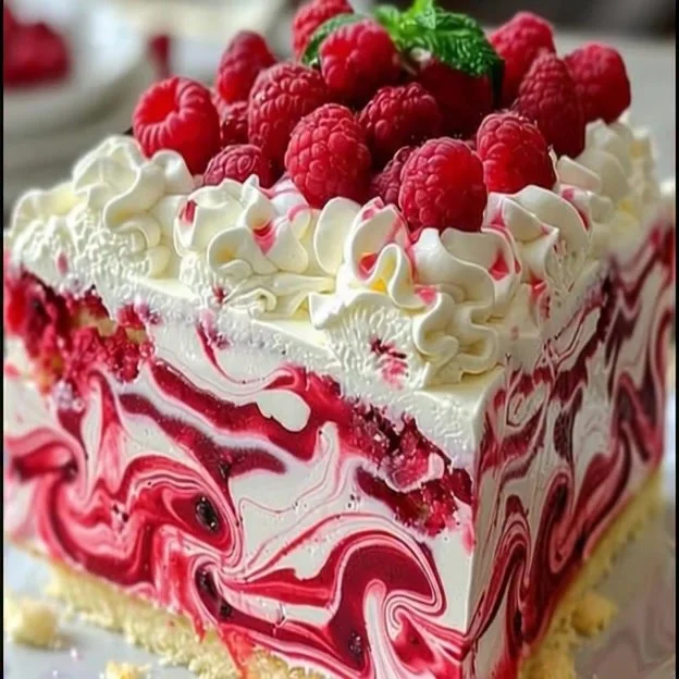Delicious Raspberry Swirl Cheesecake topped with fresh raspberries and cream