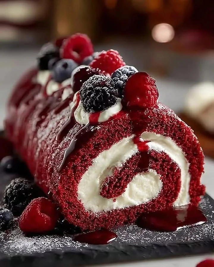 Red Velvet Cake Roll with cream cheese frosting on a decorative plate