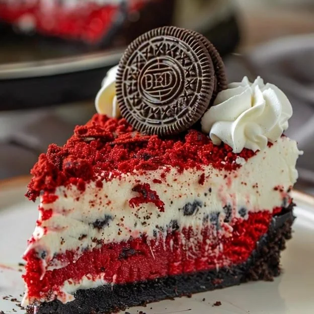 Delicious Red Velvet Cheesecake topped with cream cheese frosting and chocolate shavings
