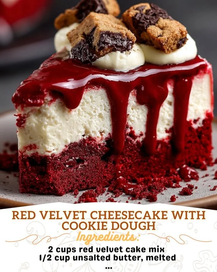 Delicious red velvet cheesecake topped with cookie dough pieces.