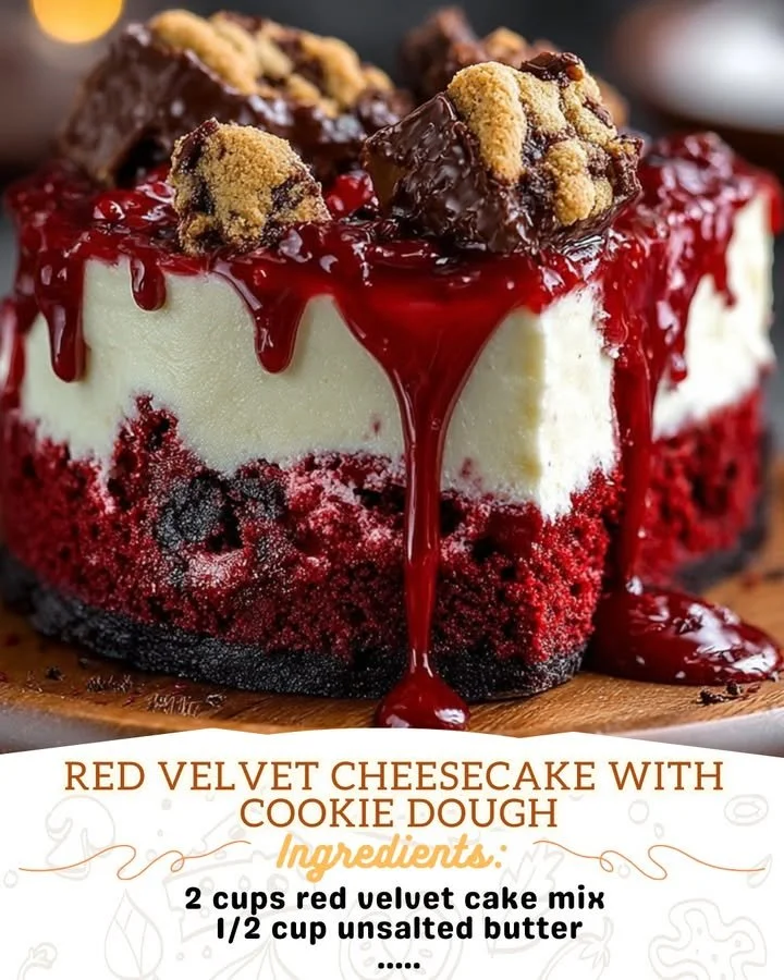 Delicious Red Velvet Cheesecake topped with cookie dough bits