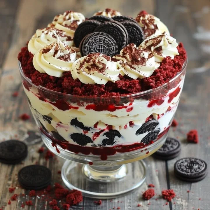 Delicious Red Velvet Oreo Trifle layered with cream and cookies