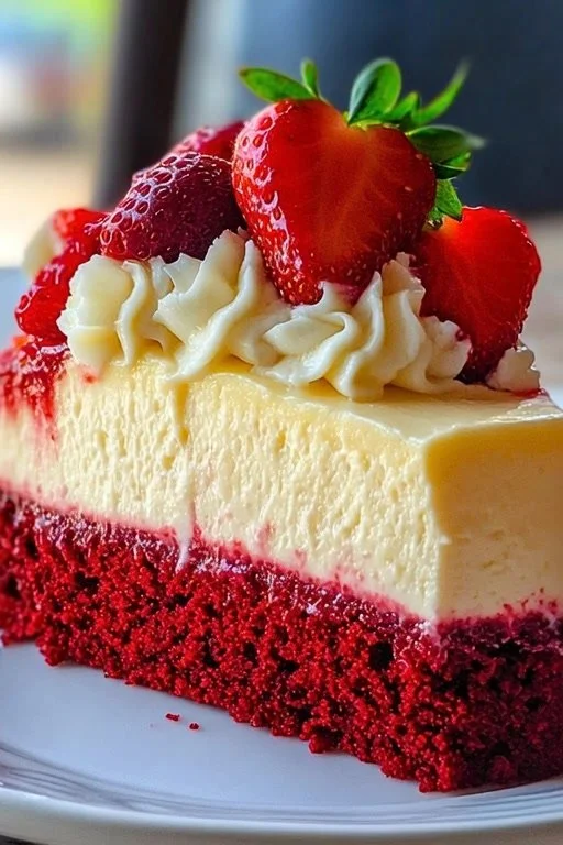 A slice of Red Velvet Strawberry Cheesecake topped with fresh strawberries