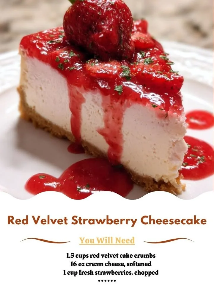 A slice of red velvet strawberry cheesecake garnished with fresh strawberries
