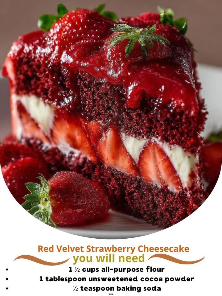 Red velvet strawberry cheesecake topped with fresh strawberries