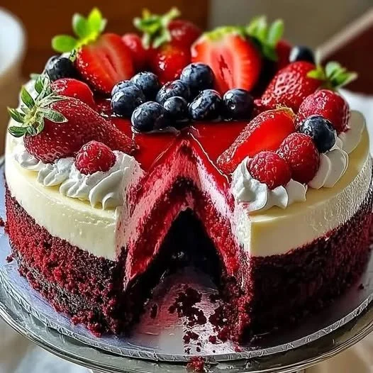 Delicious Red Velvet Strawberry Cheesecake slice on a plate