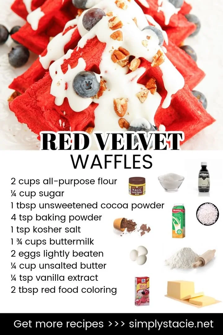 Delicious red velvet waffles topped with cream cheese frosting and berries