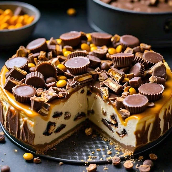 Delicious Reese's cheesecake topped with Butterfinger candy pieces